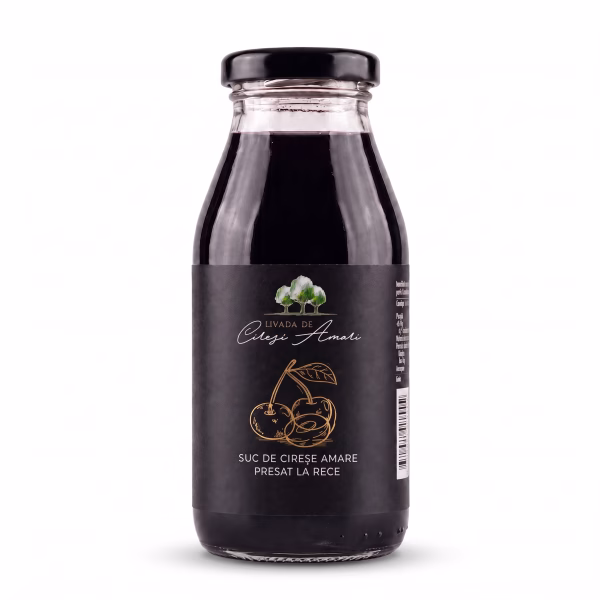 Sticlă de suc de cireșe amare 100%, 250 ml, din Livada de Cireși Amari